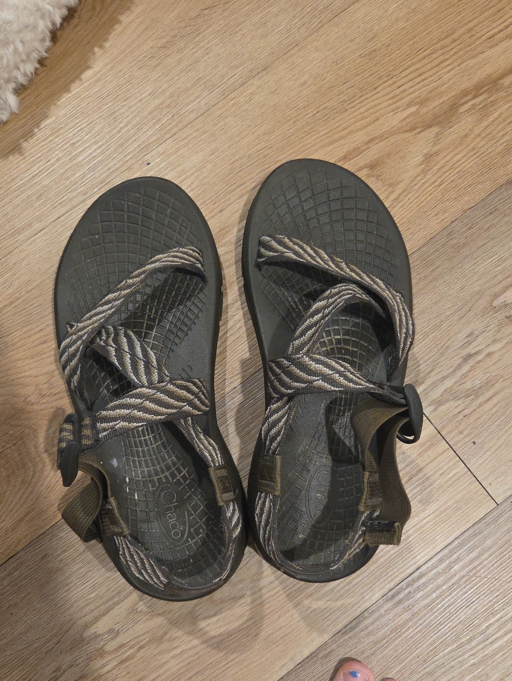 Chaco Olive and Tan Striped Webbing Sandals Needs Wiped Down
